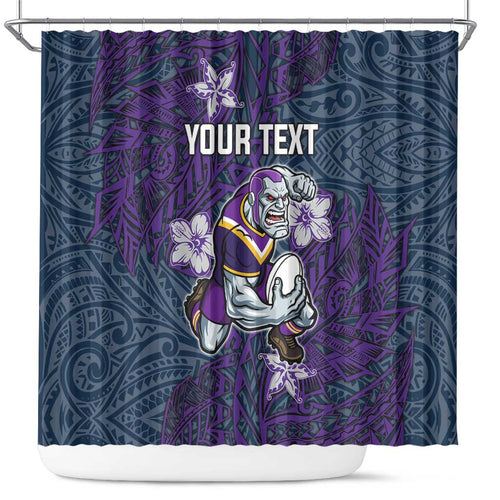 Personalised Melbourne Storm Shower Curtain Polynesian Tribal Pattern With Rugby Storm Man Mascot Art