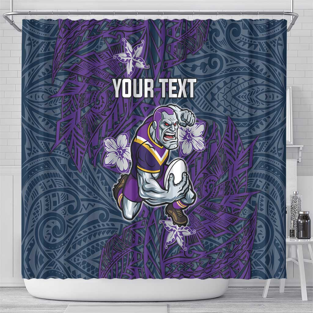 Personalised Melbourne Storm Shower Curtain Polynesian Tribal Pattern With Rugby Storm Man Mascot Art