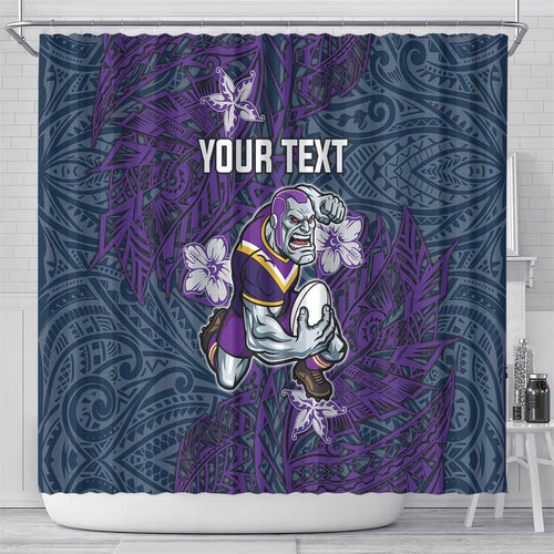 Personalised Melbourne Storm Shower Curtain Polynesian Tribal Pattern With Rugby Storm Man Mascot Art