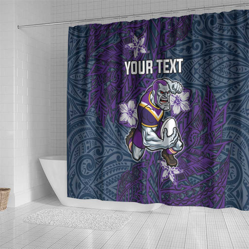 Personalised Melbourne Storm Shower Curtain Polynesian Tribal Pattern With Rugby Storm Man Mascot Art