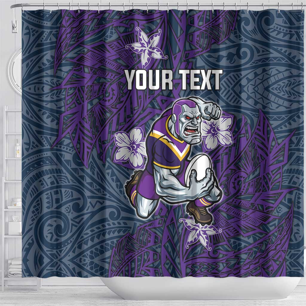 Personalised Melbourne Storm Shower Curtain Polynesian Tribal Pattern With Rugby Storm Man Mascot Art