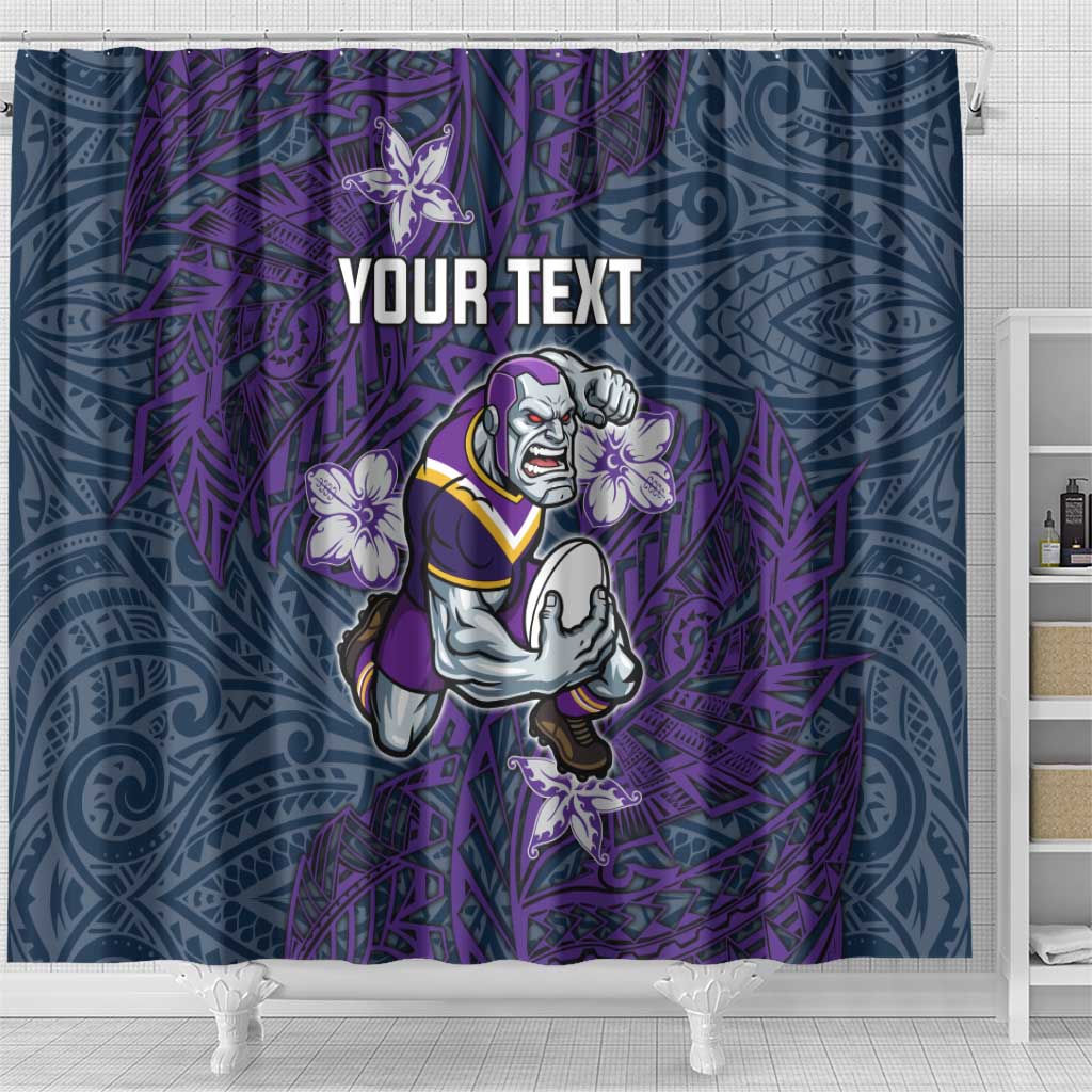 Personalised Melbourne Storm Shower Curtain Polynesian Tribal Pattern With Rugby Storm Man Mascot Art