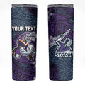 Personalised Melbourne Storm Skinny Tumbler Polynesian Tribal Pattern With Rugby Storm Man Mascot Art