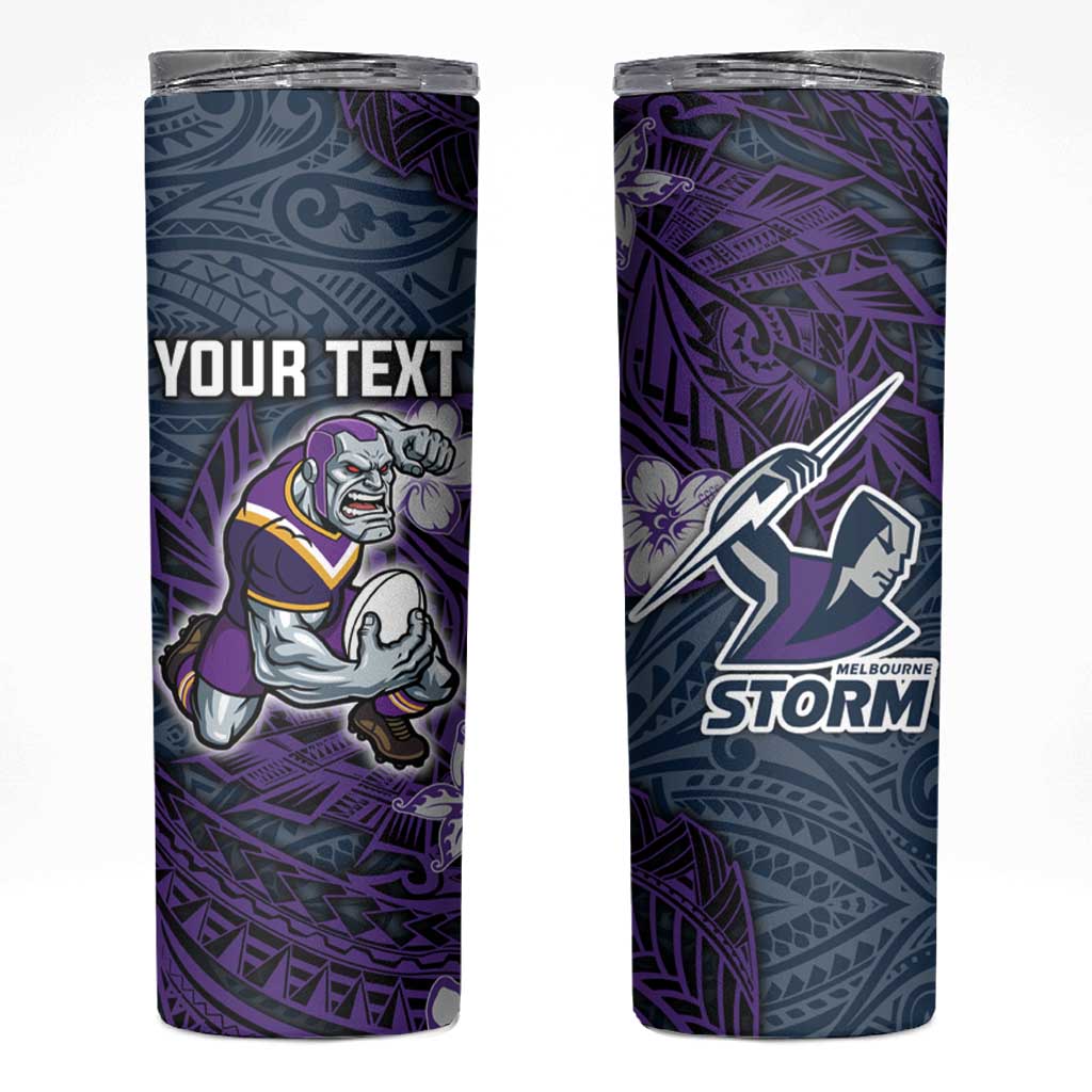 Personalised Melbourne Storm Skinny Tumbler Polynesian Tribal Pattern With Rugby Storm Man Mascot Art