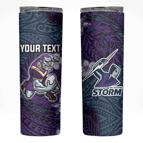 Personalised Melbourne Storm Skinny Tumbler Polynesian Tribal Pattern With Rugby Storm Man Mascot Art