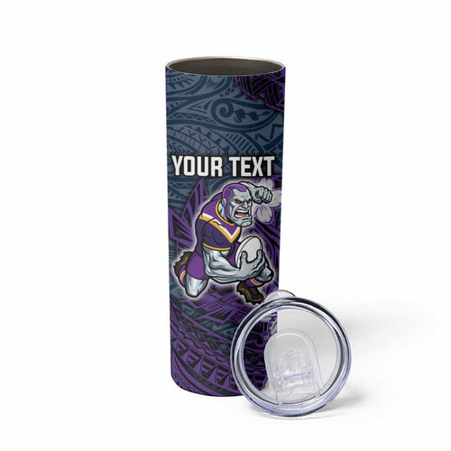 Personalised Melbourne Storm Skinny Tumbler Polynesian Tribal Pattern With Rugby Storm Man Mascot Art