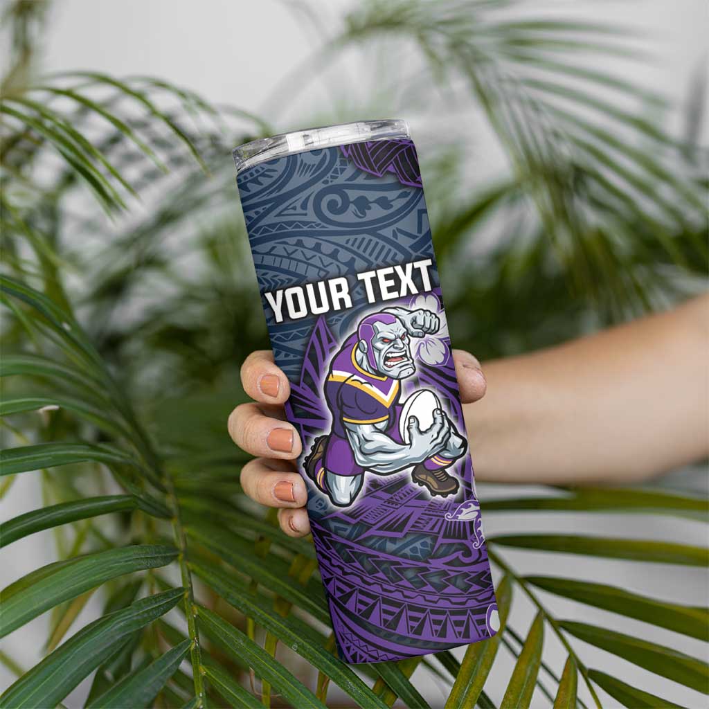 Personalised Melbourne Storm Skinny Tumbler Polynesian Tribal Pattern With Rugby Storm Man Mascot Art
