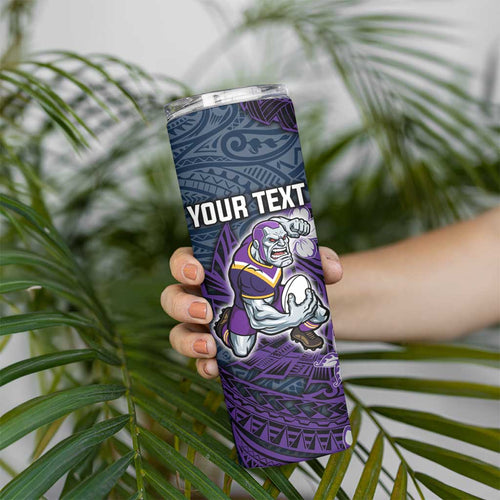 Personalised Melbourne Storm Skinny Tumbler Polynesian Tribal Pattern With Rugby Storm Man Mascot Art