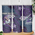 Personalised Melbourne Storm Skinny Tumbler Polynesian Tribal Pattern With Rugby Storm Man Mascot Art