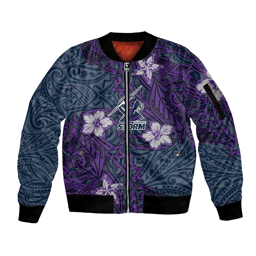 Personalised Melbourne Storm Sleeve Zip Bomber Jacket Polynesian Tribal Pattern With Rugby Storm Man Mascot Art