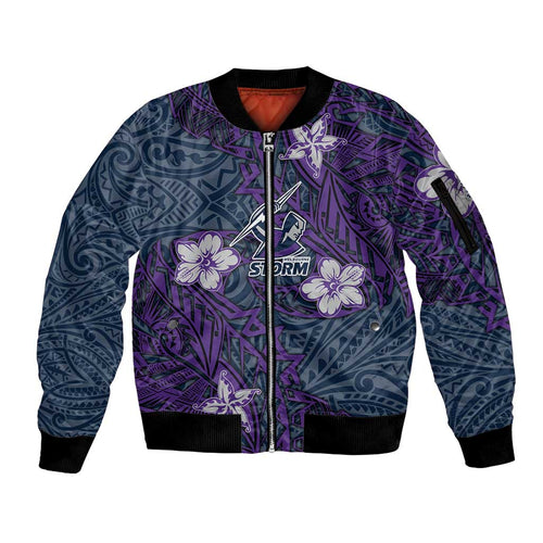 Personalised Melbourne Storm Sleeve Zip Bomber Jacket Polynesian Tribal Pattern With Rugby Storm Man Mascot Art