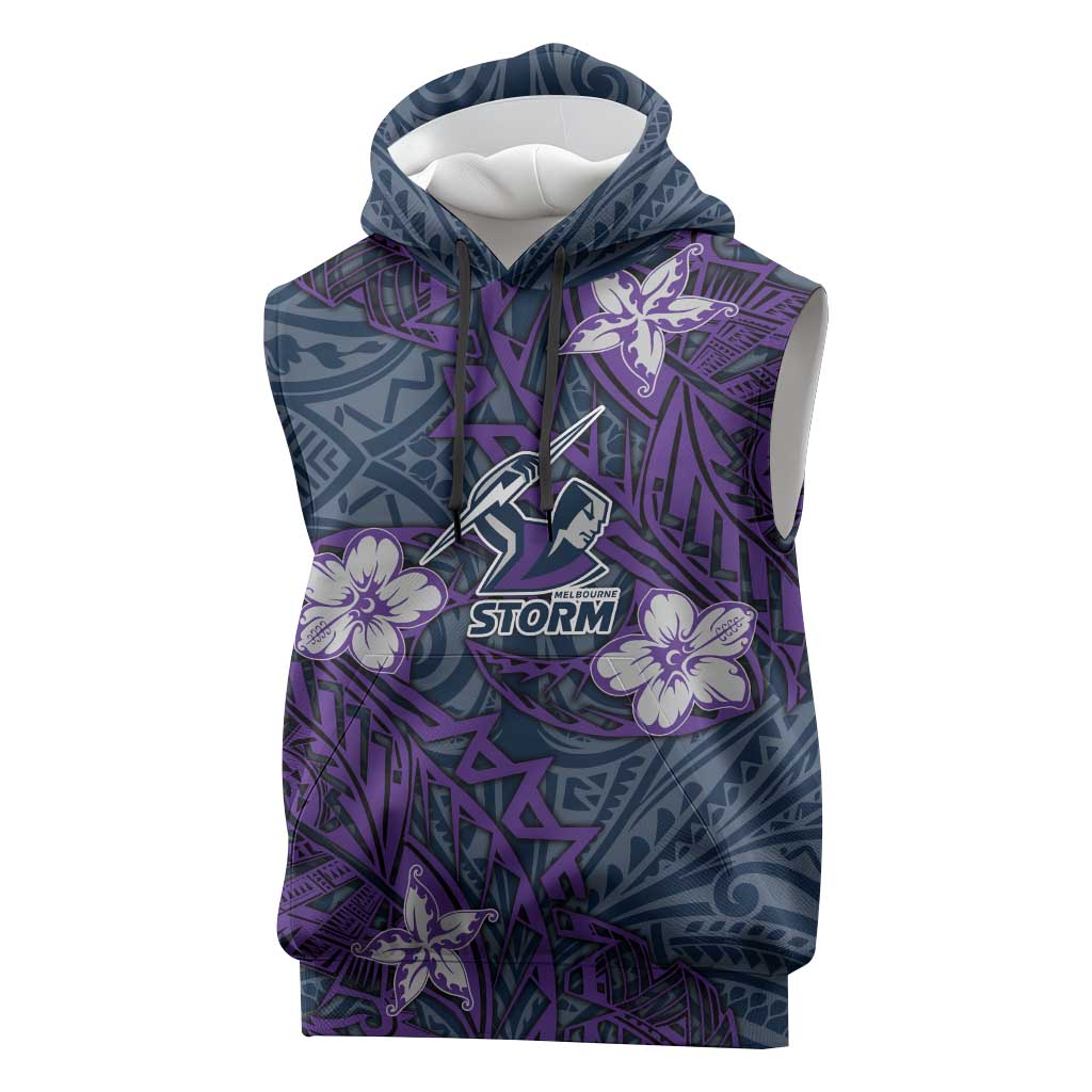 Personalised Melbourne Storm Sleeveless Hoodie Polynesian Tribal Pattern With Rugby Storm Man Mascot Art