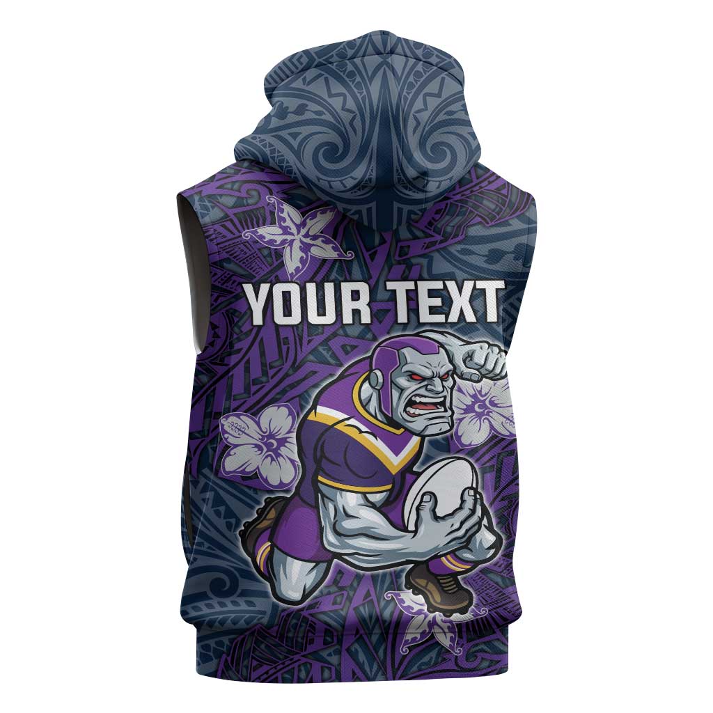 Personalised Melbourne Storm Sleeveless Hoodie Polynesian Tribal Pattern With Rugby Storm Man Mascot Art