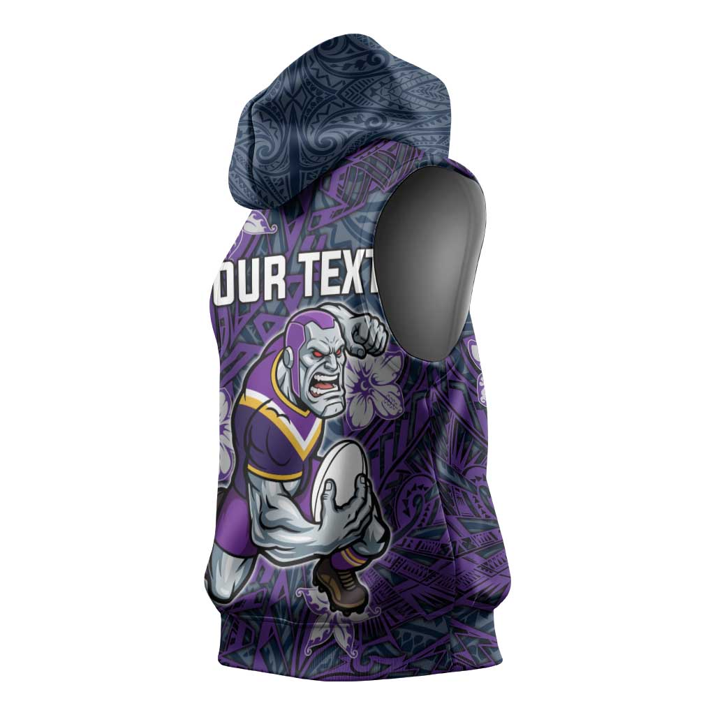 Personalised Melbourne Storm Sleeveless Hoodie Polynesian Tribal Pattern With Rugby Storm Man Mascot Art