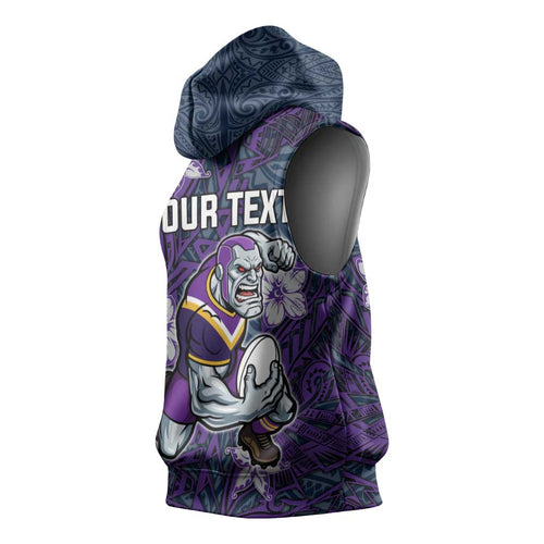 Personalised Melbourne Storm Sleeveless Hoodie Polynesian Tribal Pattern With Rugby Storm Man Mascot Art