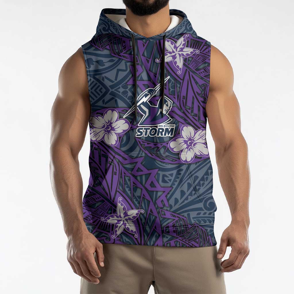 Personalised Melbourne Storm Sleeveless Hoodie Polynesian Tribal Pattern With Rugby Storm Man Mascot Art