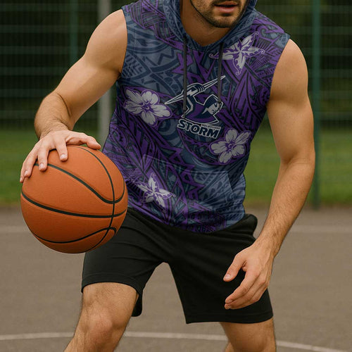 Personalised Melbourne Storm Sleeveless Hoodie Polynesian Tribal Pattern With Rugby Storm Man Mascot Art