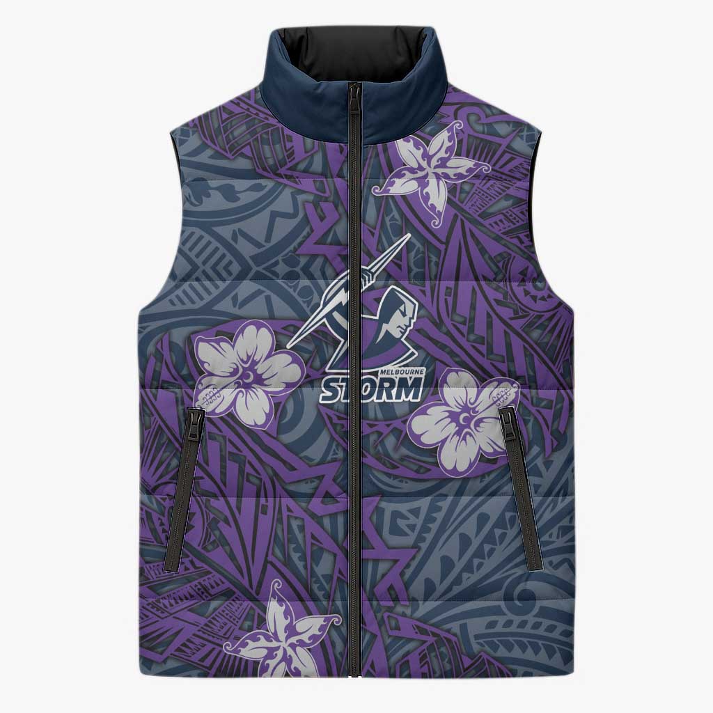 Personalised Melbourne Storm Sleeveless Puffer Jacket Polynesian Tribal Pattern With Rugby Storm Man Mascot Art