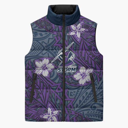 Personalised Melbourne Storm Sleeveless Puffer Jacket Polynesian Tribal Pattern With Rugby Storm Man Mascot Art