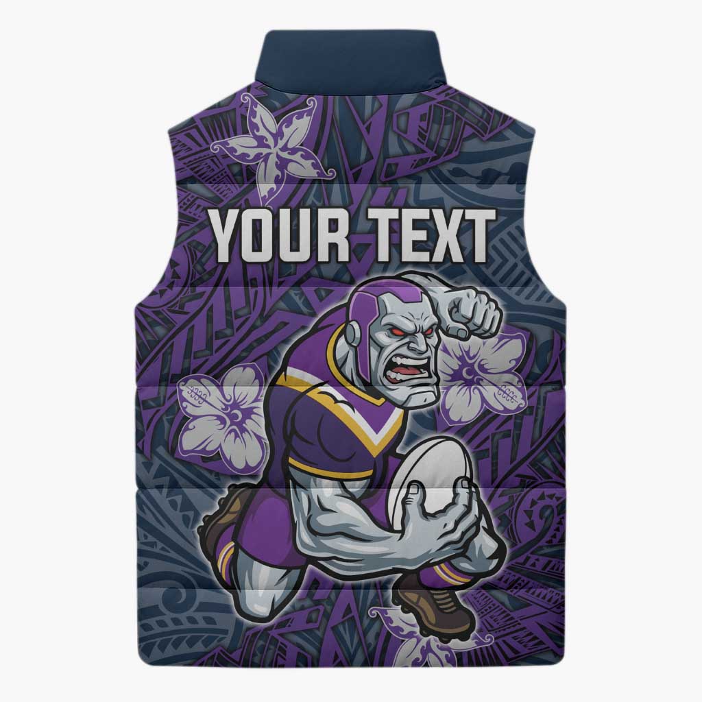 Personalised Melbourne Storm Sleeveless Puffer Jacket Polynesian Tribal Pattern With Rugby Storm Man Mascot Art