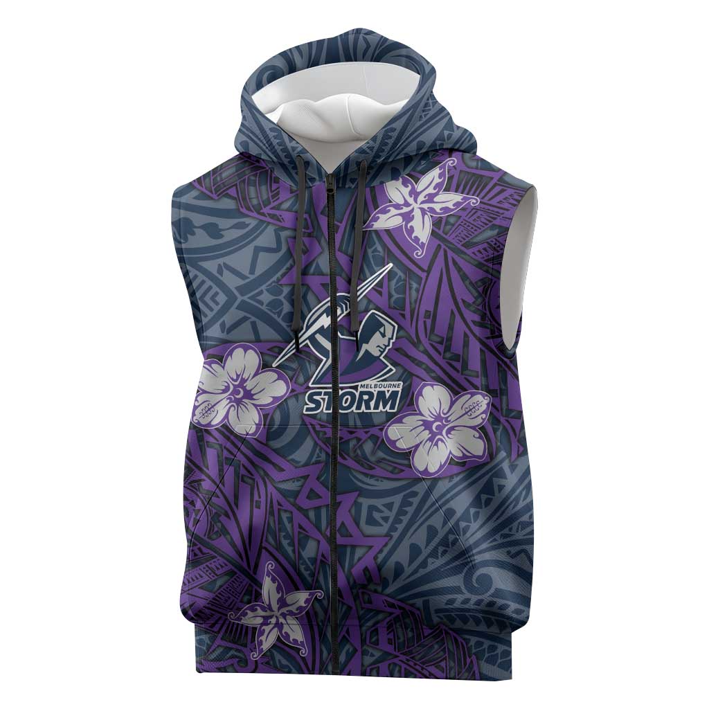 Personalised Melbourne Storm Sleeveless Zip Hoodie Polynesian Tribal Pattern With Rugby Storm Man Mascot Art