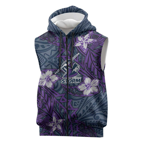 Personalised Melbourne Storm Sleeveless Zip Hoodie Polynesian Tribal Pattern With Rugby Storm Man Mascot Art