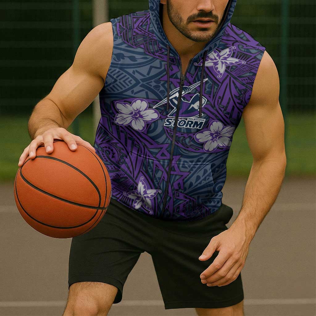 Personalised Melbourne Storm Sleeveless Zip Hoodie Polynesian Tribal Pattern With Rugby Storm Man Mascot Art