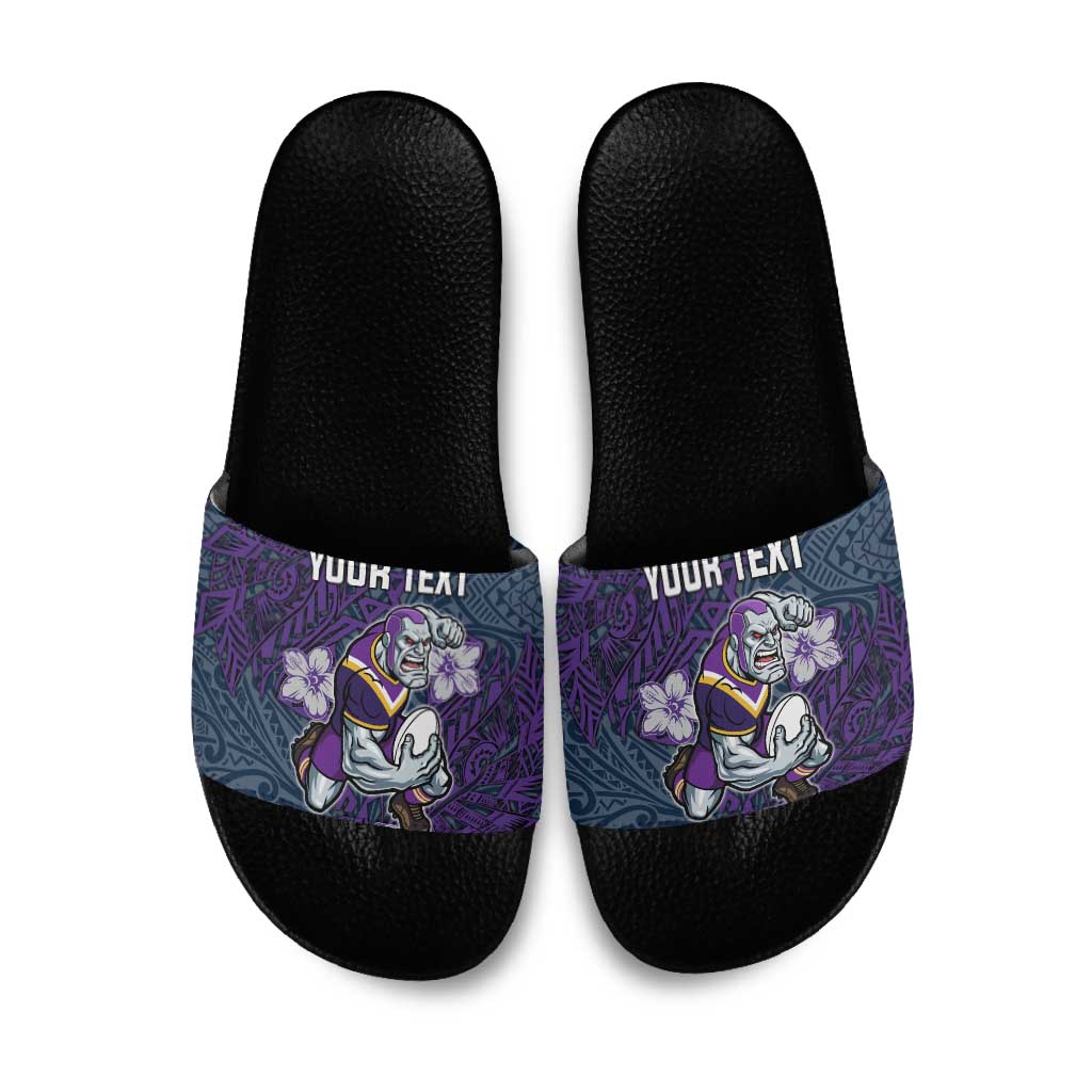 Personalised Melbourne Storm Slide Sandals Polynesian Tribal Pattern With Rugby Storm Man Mascot Art