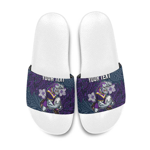 Personalised Melbourne Storm Slide Sandals Polynesian Tribal Pattern With Rugby Storm Man Mascot Art
