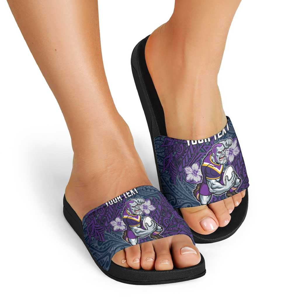 Personalised Melbourne Storm Slide Sandals Polynesian Tribal Pattern With Rugby Storm Man Mascot Art