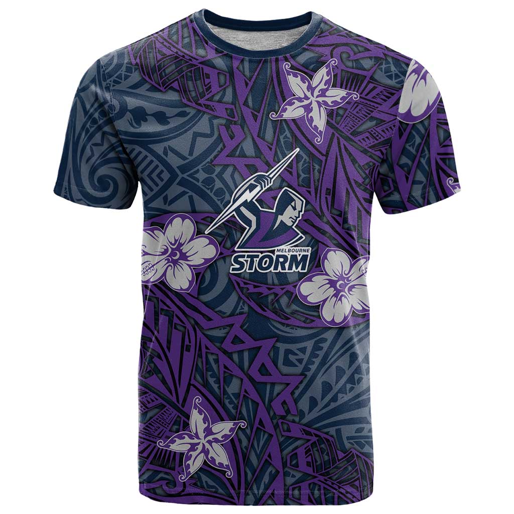 Personalised Melbourne Storm T Shirt Polynesian Tribal Pattern With Rugby Storm Man Mascot Art