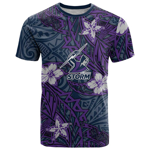 Personalised Melbourne Storm T Shirt Polynesian Tribal Pattern With Rugby Storm Man Mascot Art