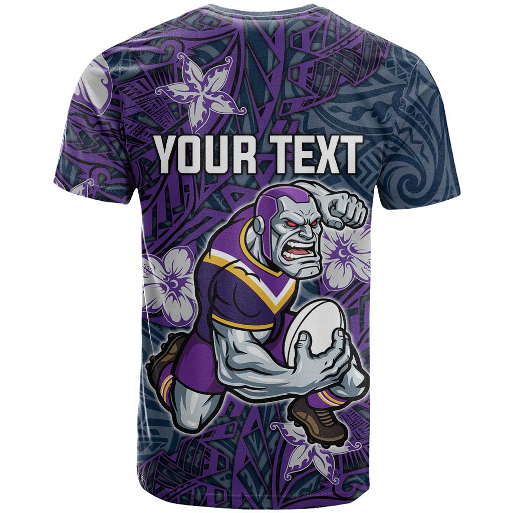 Personalised Melbourne Storm T Shirt Polynesian Tribal Pattern With Rugby Storm Man Mascot Art