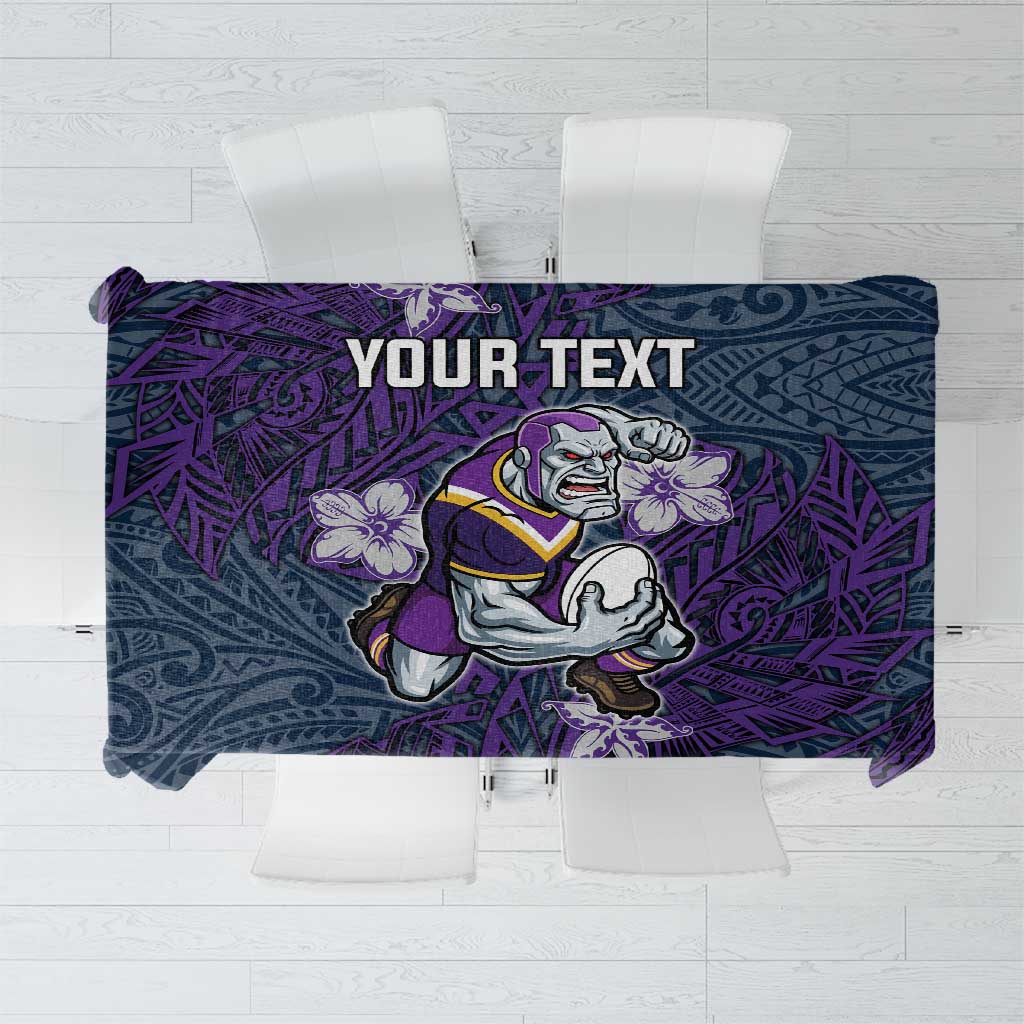 Personalised Melbourne Storm Tablecloth Polynesian Tribal Pattern With Rugby Storm Man Mascot Art
