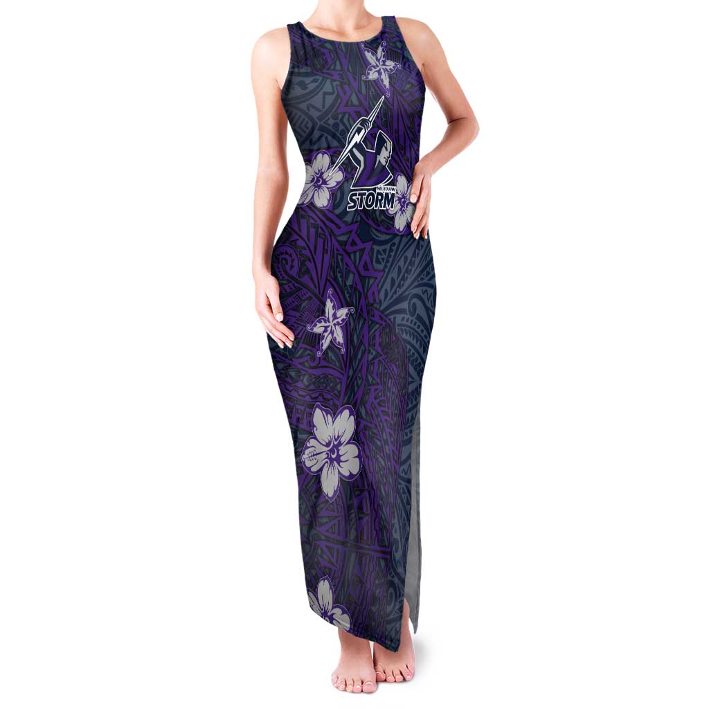 Personalised Melbourne Storm Tank Maxi Dress Polynesian Tribal Pattern With Rugby Storm Man Mascot Art