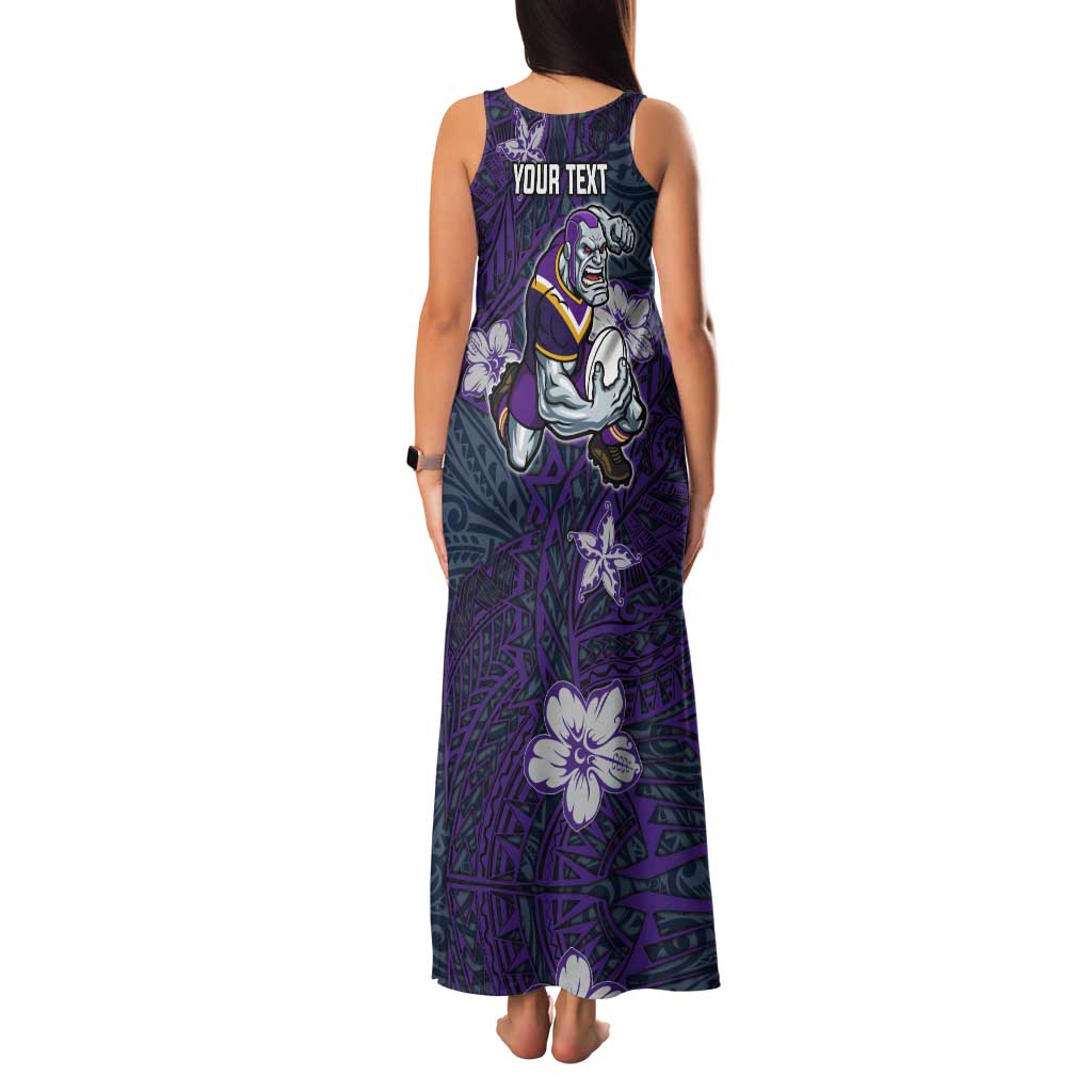 Personalised Melbourne Storm Tank Maxi Dress Polynesian Tribal Pattern With Rugby Storm Man Mascot Art