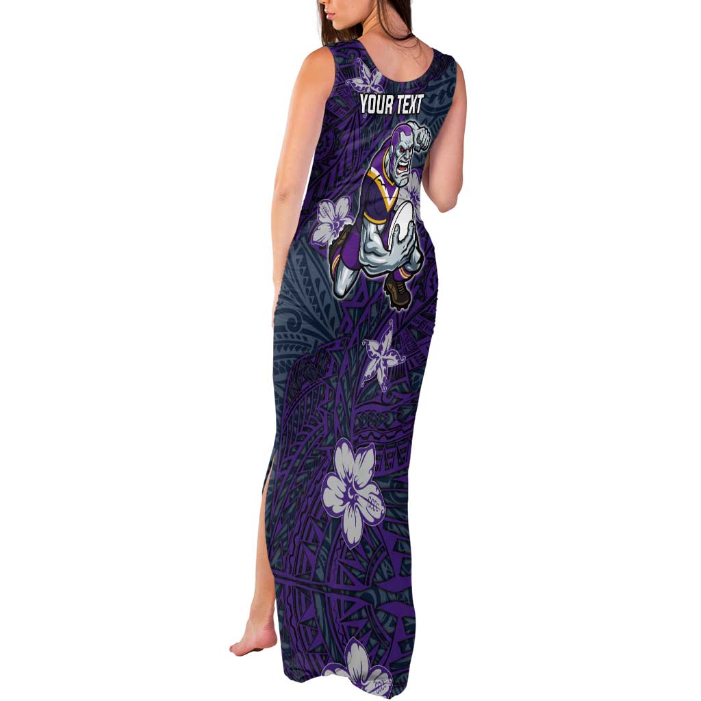 Personalised Melbourne Storm Tank Maxi Dress Polynesian Tribal Pattern With Rugby Storm Man Mascot Art