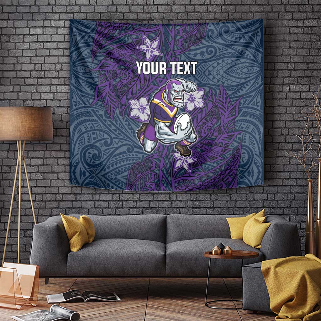 Personalised Melbourne Storm Tapestry Polynesian Tribal Pattern With Rugby Storm Man Mascot Art