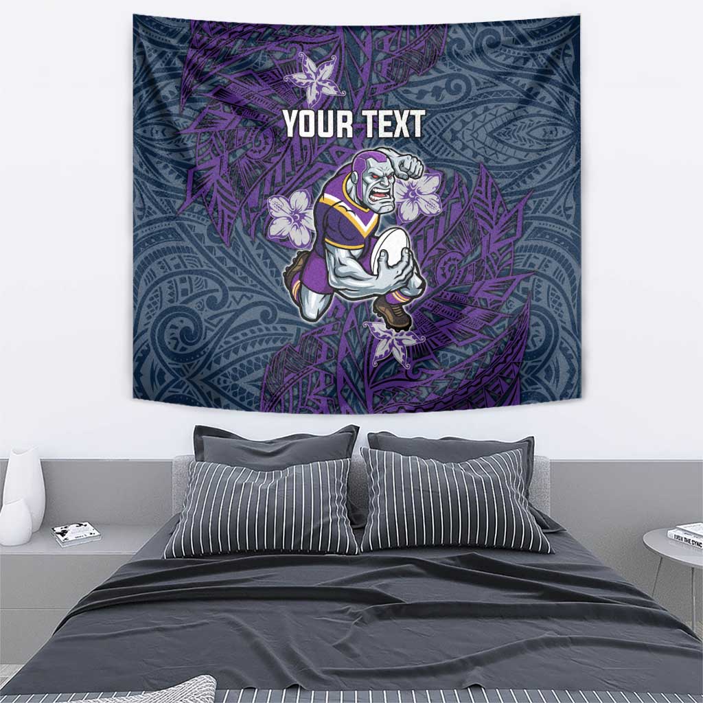 Personalised Melbourne Storm Tapestry Polynesian Tribal Pattern With Rugby Storm Man Mascot Art