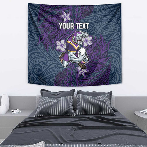 Personalised Melbourne Storm Tapestry Polynesian Tribal Pattern With Rugby Storm Man Mascot Art