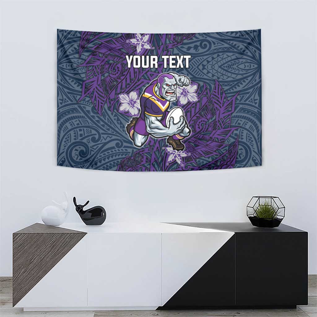 Personalised Melbourne Storm Tapestry Polynesian Tribal Pattern With Rugby Storm Man Mascot Art