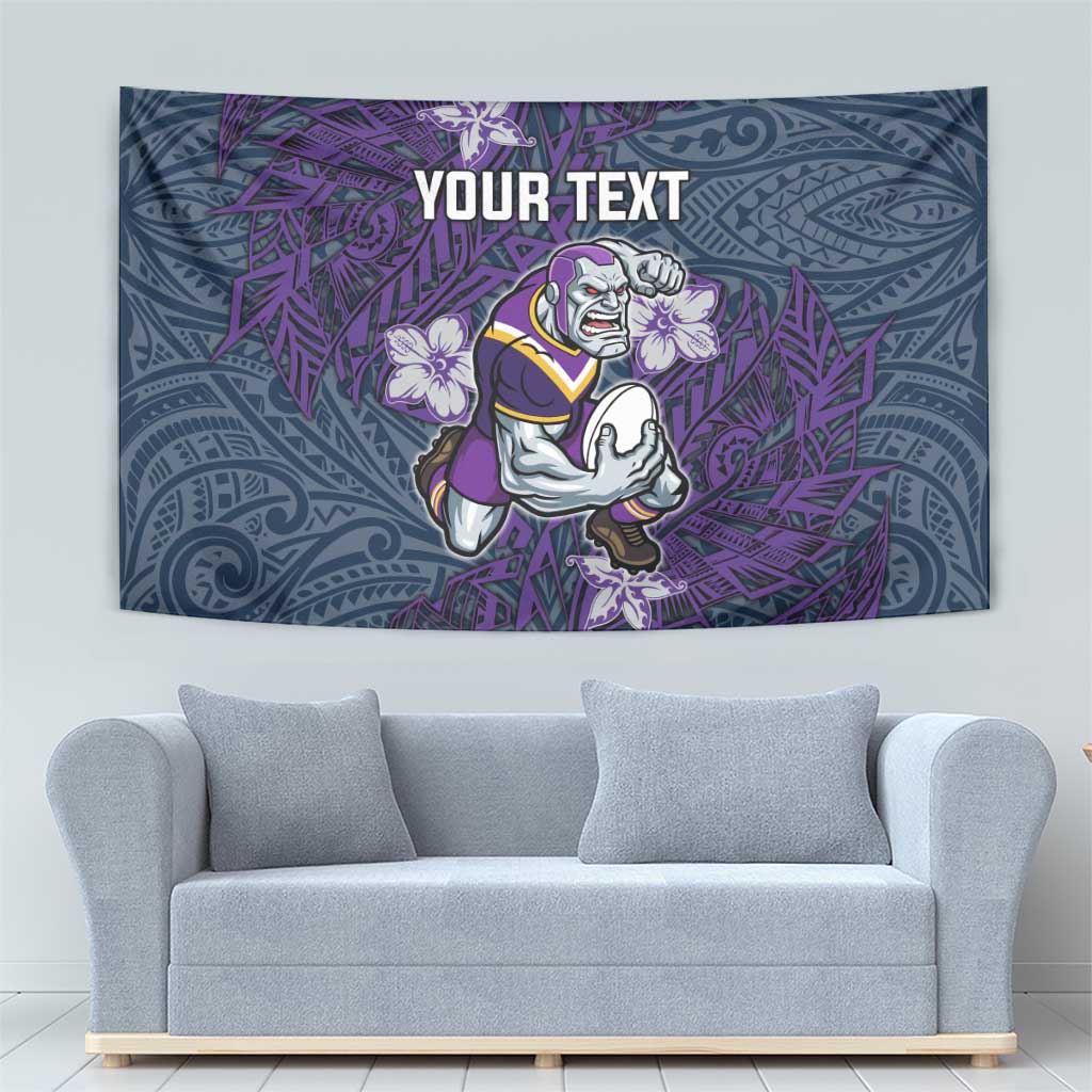 Personalised Melbourne Storm Tapestry Polynesian Tribal Pattern With Rugby Storm Man Mascot Art