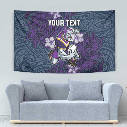 Personalised Melbourne Storm Tapestry Polynesian Tribal Pattern With Rugby Storm Man Mascot Art
