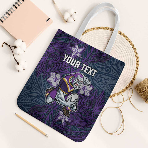 Personalised Melbourne Storm Tote Bag Polynesian Tribal Pattern With Rugby Storm Man Mascot Art