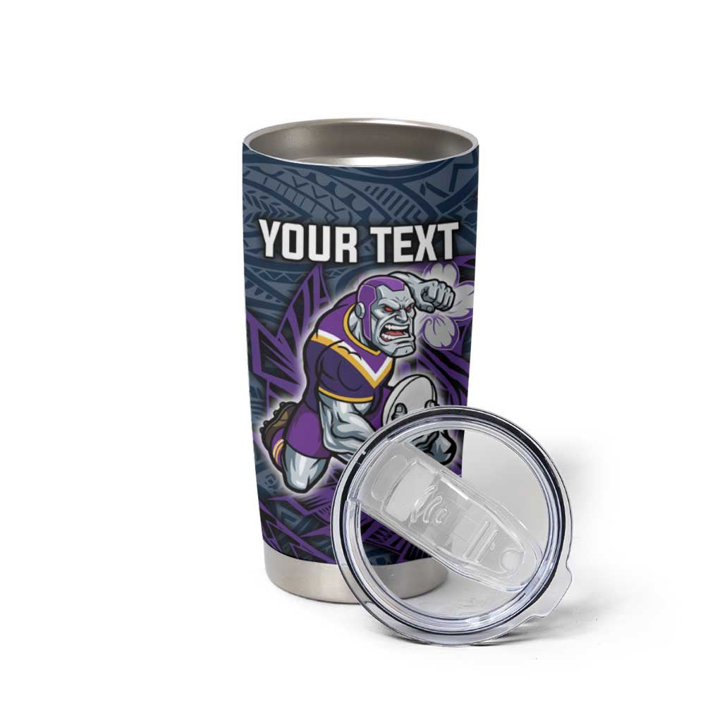 Personalised Melbourne Storm Tumbler Cup Polynesian Tribal Pattern With Rugby Storm Man Mascot Art