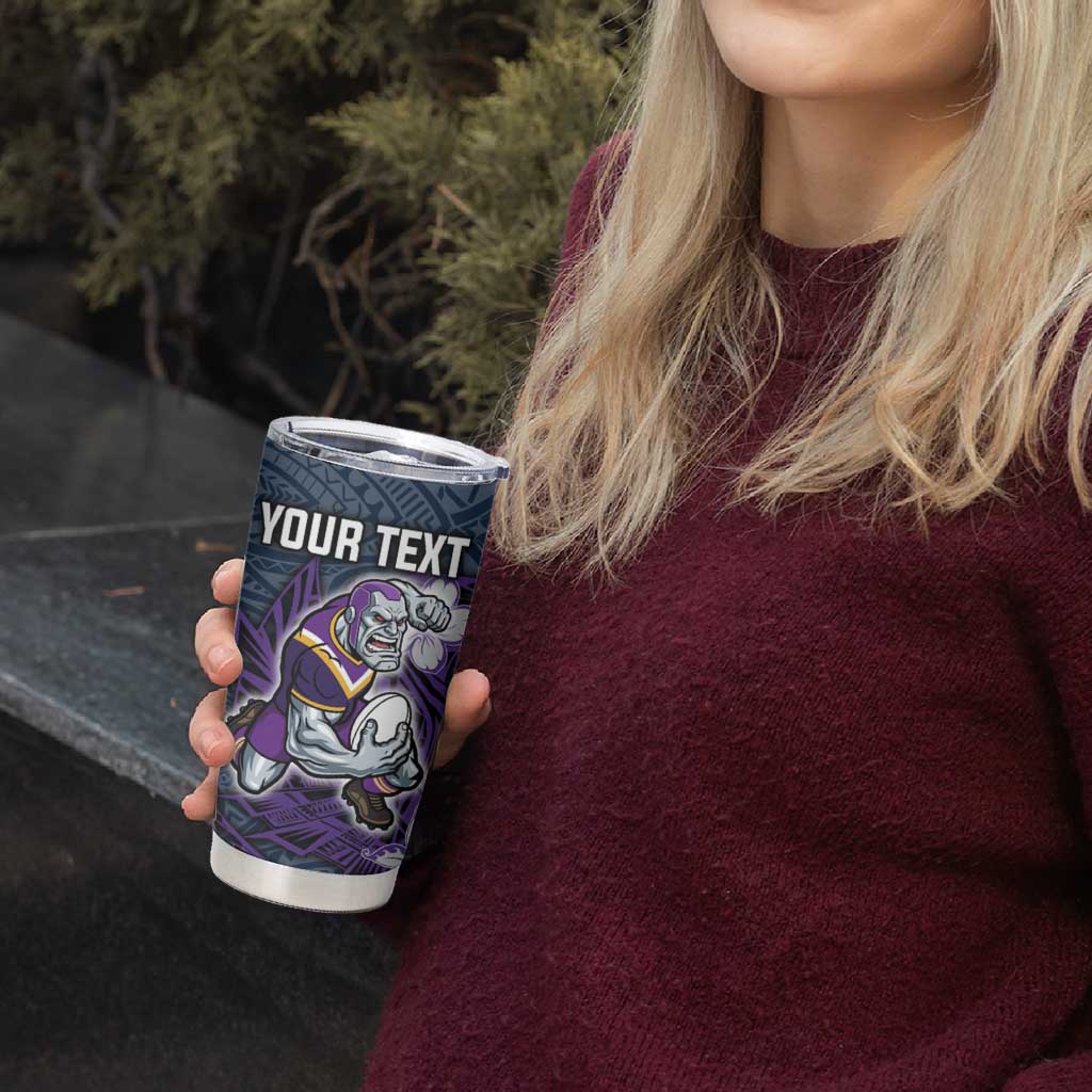 Personalised Melbourne Storm Tumbler Cup Polynesian Tribal Pattern With Rugby Storm Man Mascot Art