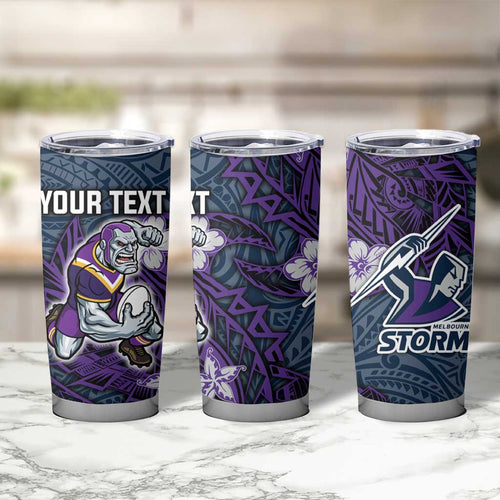 Personalised Melbourne Storm Tumbler Cup Polynesian Tribal Pattern With Rugby Storm Man Mascot Art