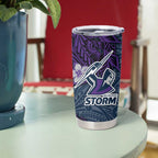 Personalised Melbourne Storm Tumbler Cup Polynesian Tribal Pattern With Rugby Storm Man Mascot Art
