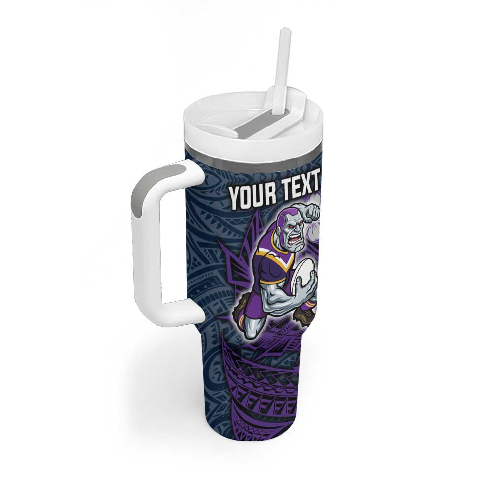 Personalised Melbourne Storm Tumbler With Handle Polynesian Tribal Pattern With Rugby Storm Man Mascot Art