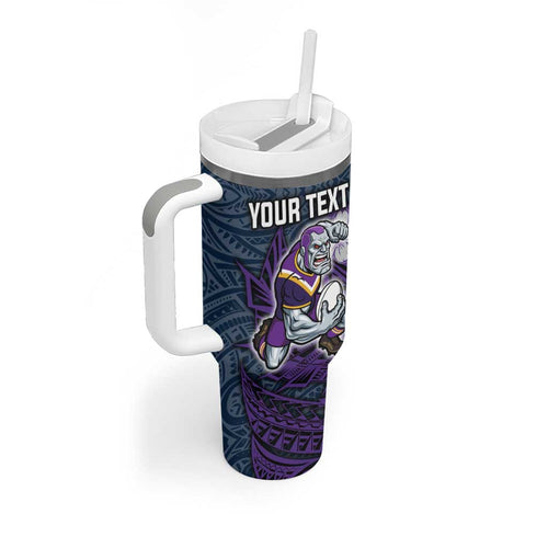 Personalised Melbourne Storm Tumbler With Handle Polynesian Tribal Pattern With Rugby Storm Man Mascot Art